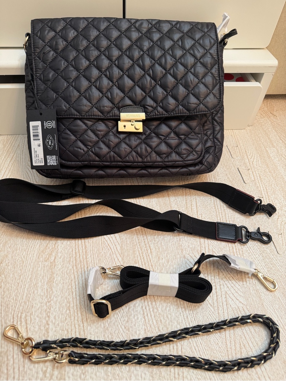 MZ Wallace Quilted Black Crossbody Shoulder Bag with Gold Hardware